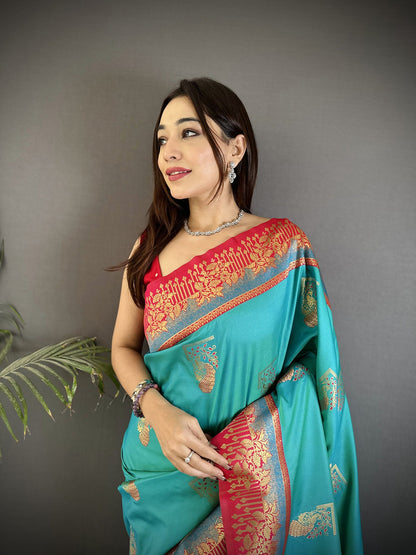 Elora Aqua Green Soft Silk Dual Zari Peacock Butta Worked Banarasi Saree
