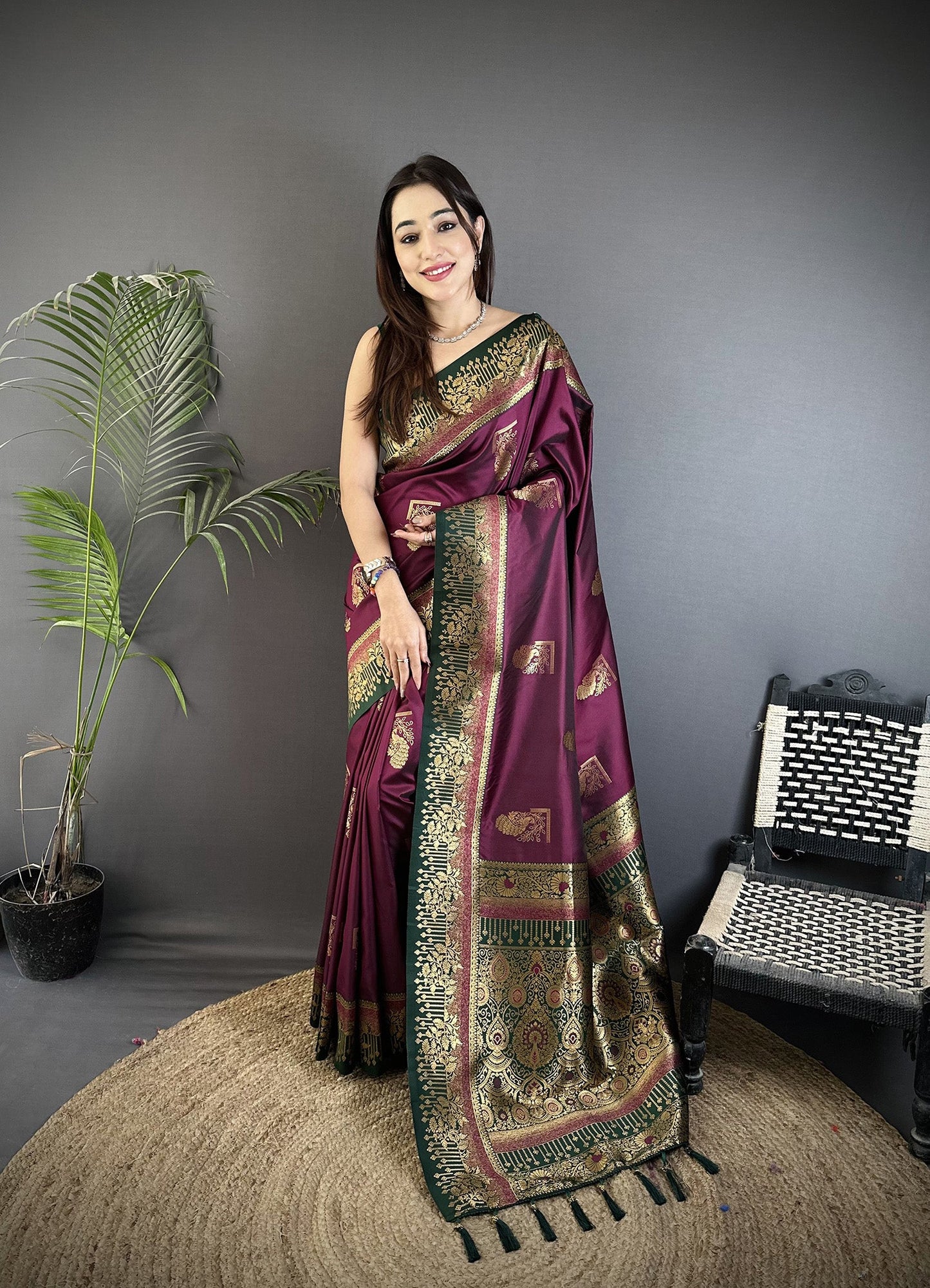 Elora Maroon Soft Silk Dual Zari Peacock Butta Worked Banarasi Saree