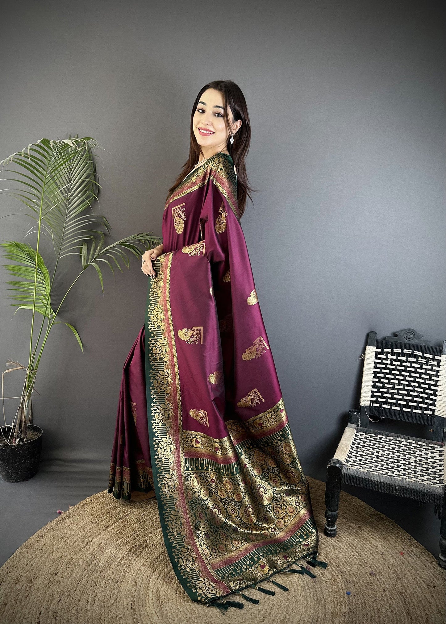 Elora Maroon Soft Silk Dual Zari Peacock Butta Worked Banarasi Saree