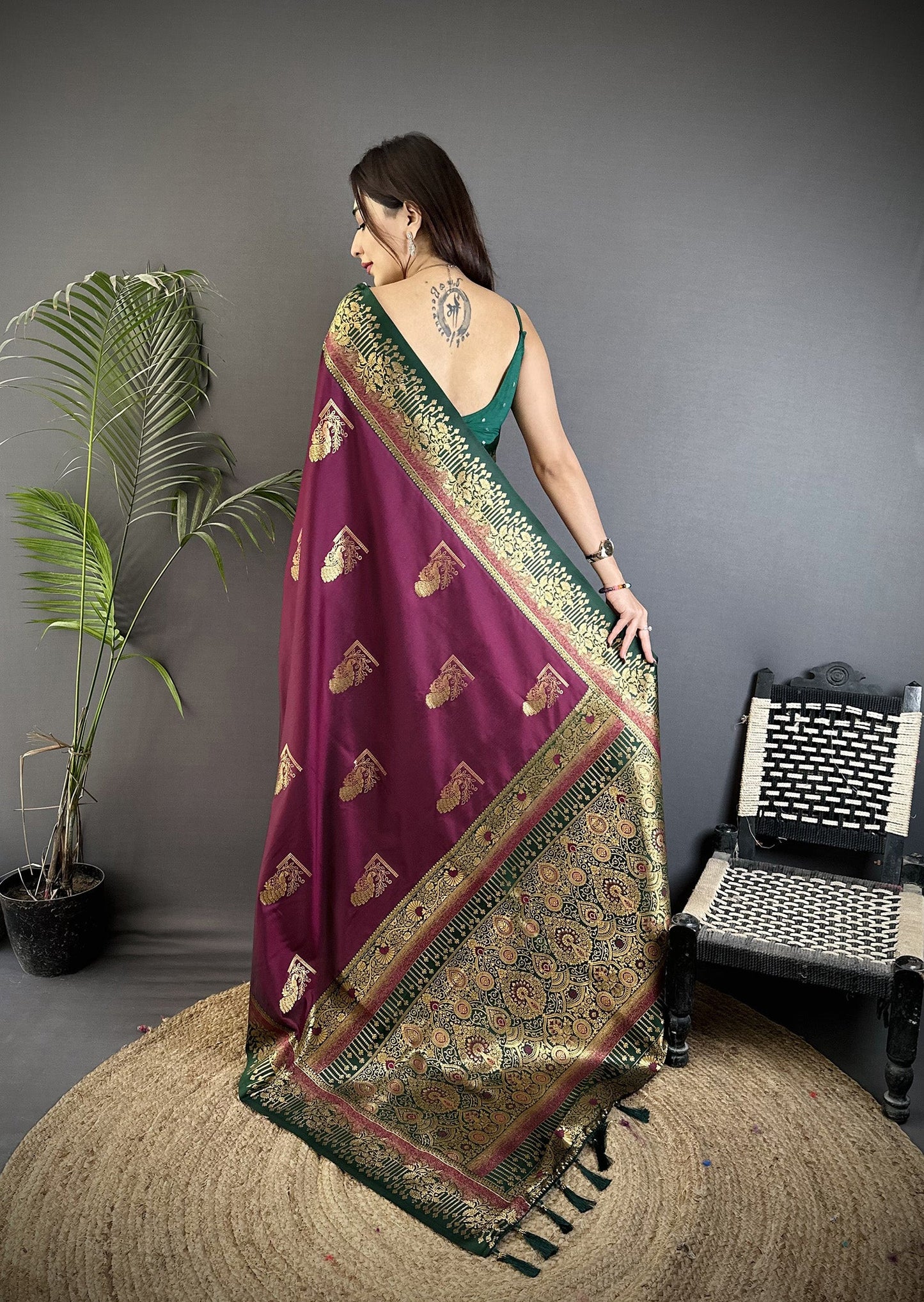 Elora Maroon Soft Silk Dual Zari Peacock Butta Worked Banarasi Saree