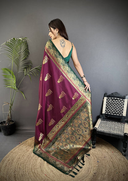 Elora Maroon Soft Silk Dual Zari Peacock Butta Worked Banarasi Saree