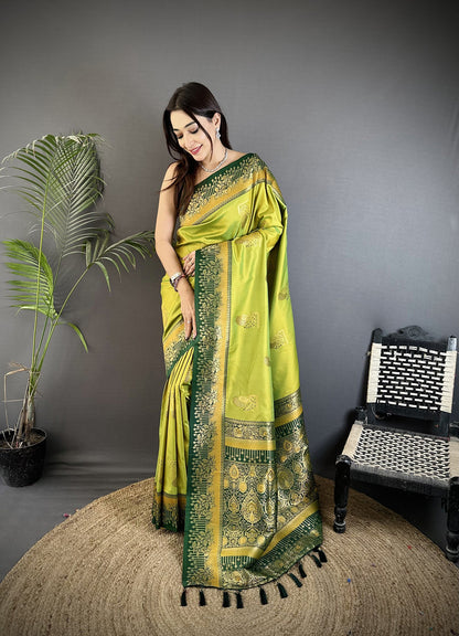 Elora Light Green Soft Silk Dual Zari Peacock Butta Worked Banarasi Saree