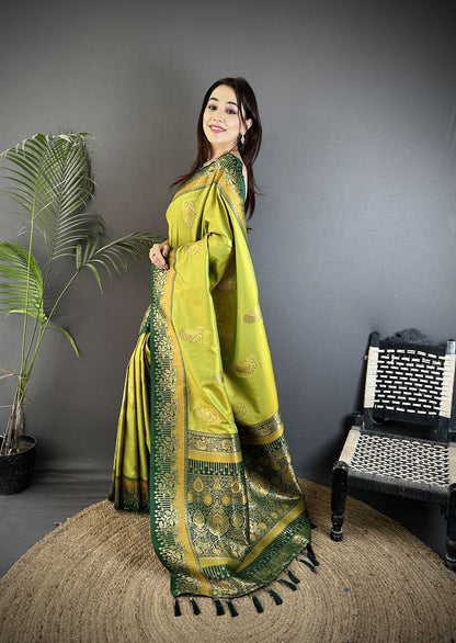 Elora Light Green Soft Silk Dual Zari Peacock Butta Worked Banarasi Saree