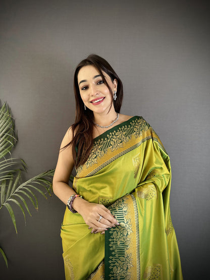 Elora Light Green Soft Silk Dual Zari Peacock Butta Worked Banarasi Saree