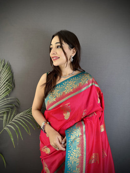Elora Hot Pink Soft Silk Dual Zari Peacock Butta Worked Banarasi Saree