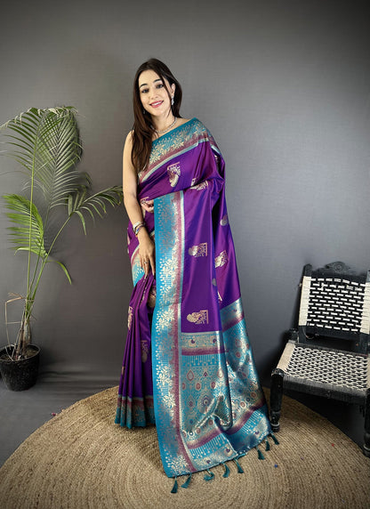 Elora Purple Soft Silk Dual Zari Peacock Butta Worked Banarasi Saree