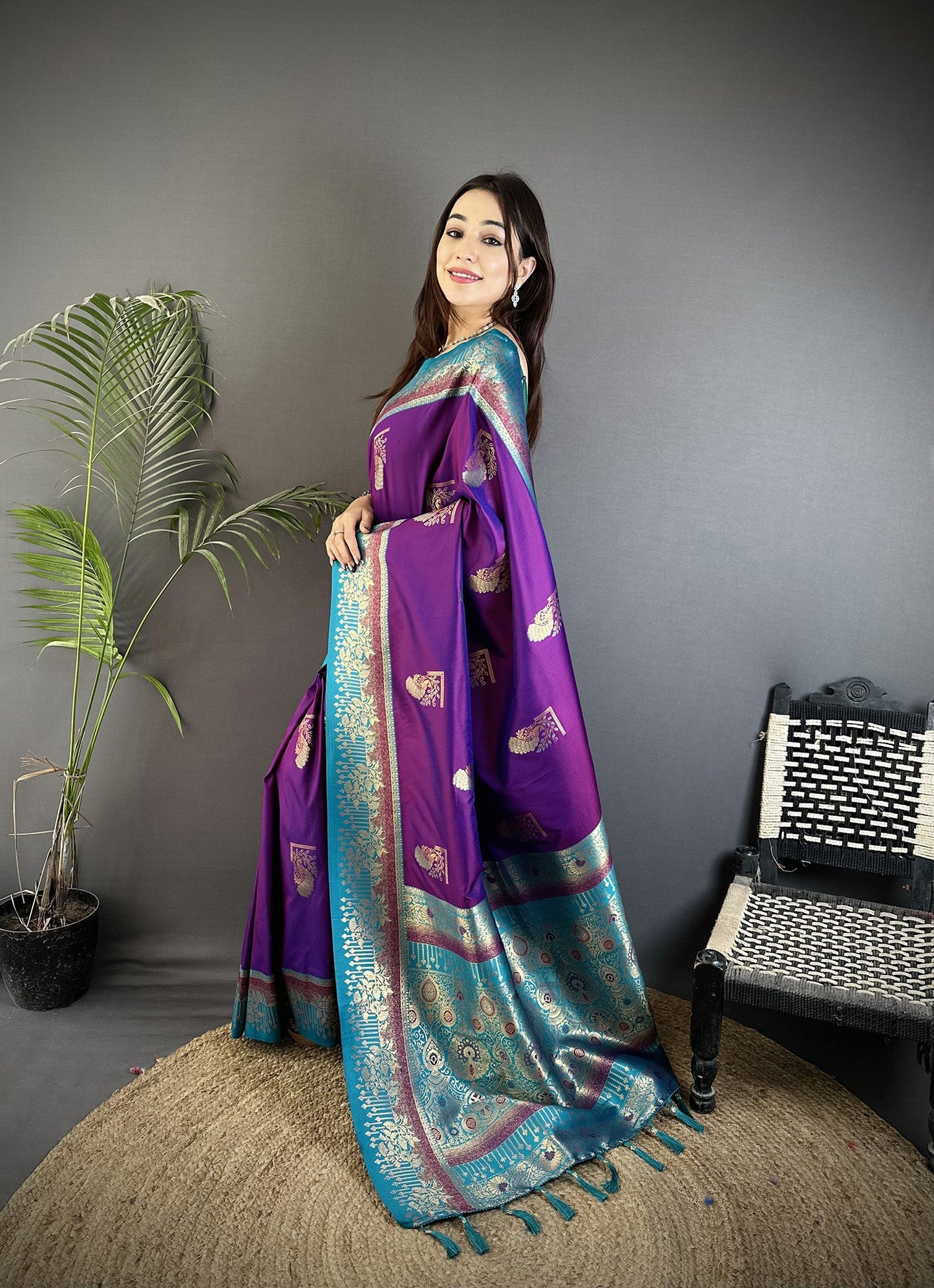 Elora Purple Soft Silk Dual Zari Peacock Butta Worked Banarasi Saree
