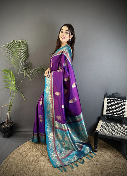 Elora Purple Soft Silk Dual Zari Peacock Butta Worked Banarasi Saree