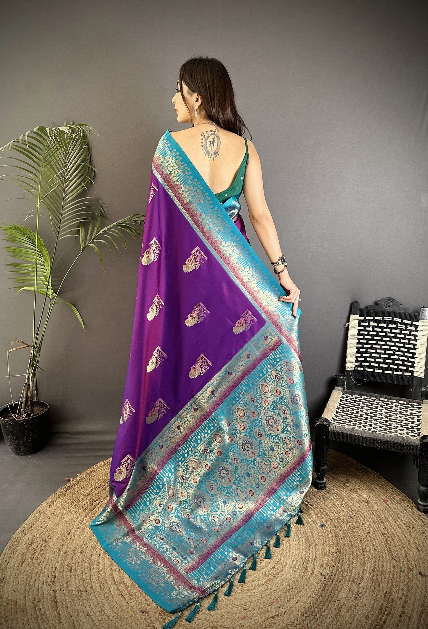 Elora Purple Soft Silk Dual Zari Peacock Butta Worked Banarasi Saree