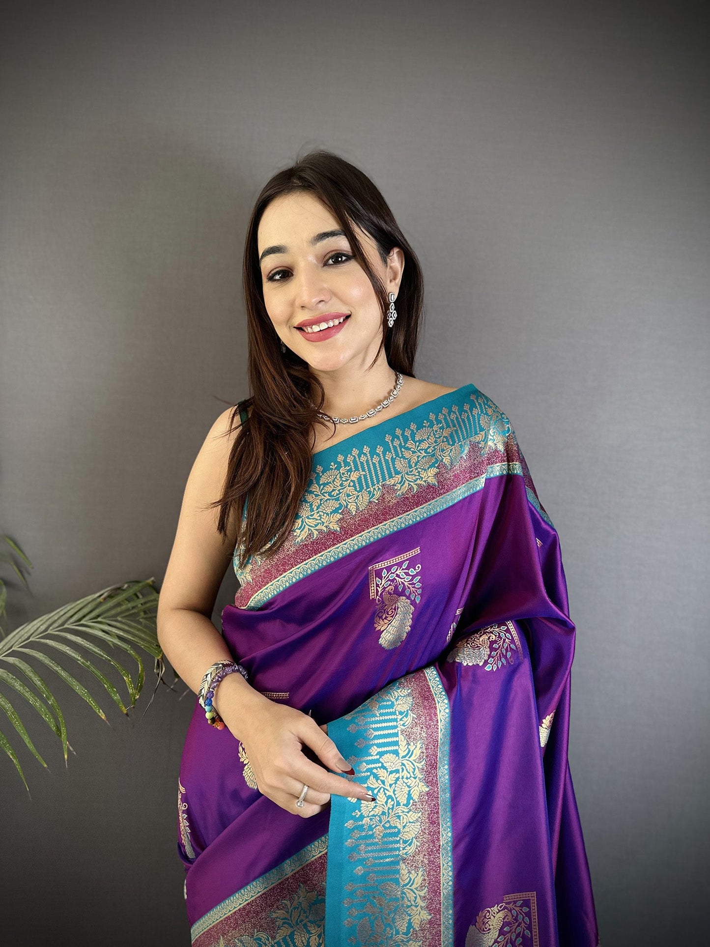 Elora Purple Soft Silk Dual Zari Peacock Butta Worked Banarasi Saree