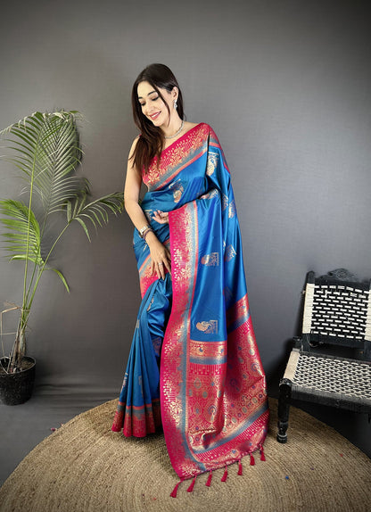 Elora Royal Blue Soft Silk Dual Zari Peacock Butta Worked Banarasi Saree