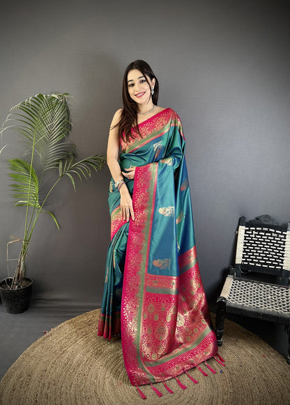 Elora Teal Soft Silk Dual Zari Peacock Butta Worked Banarasi Saree
