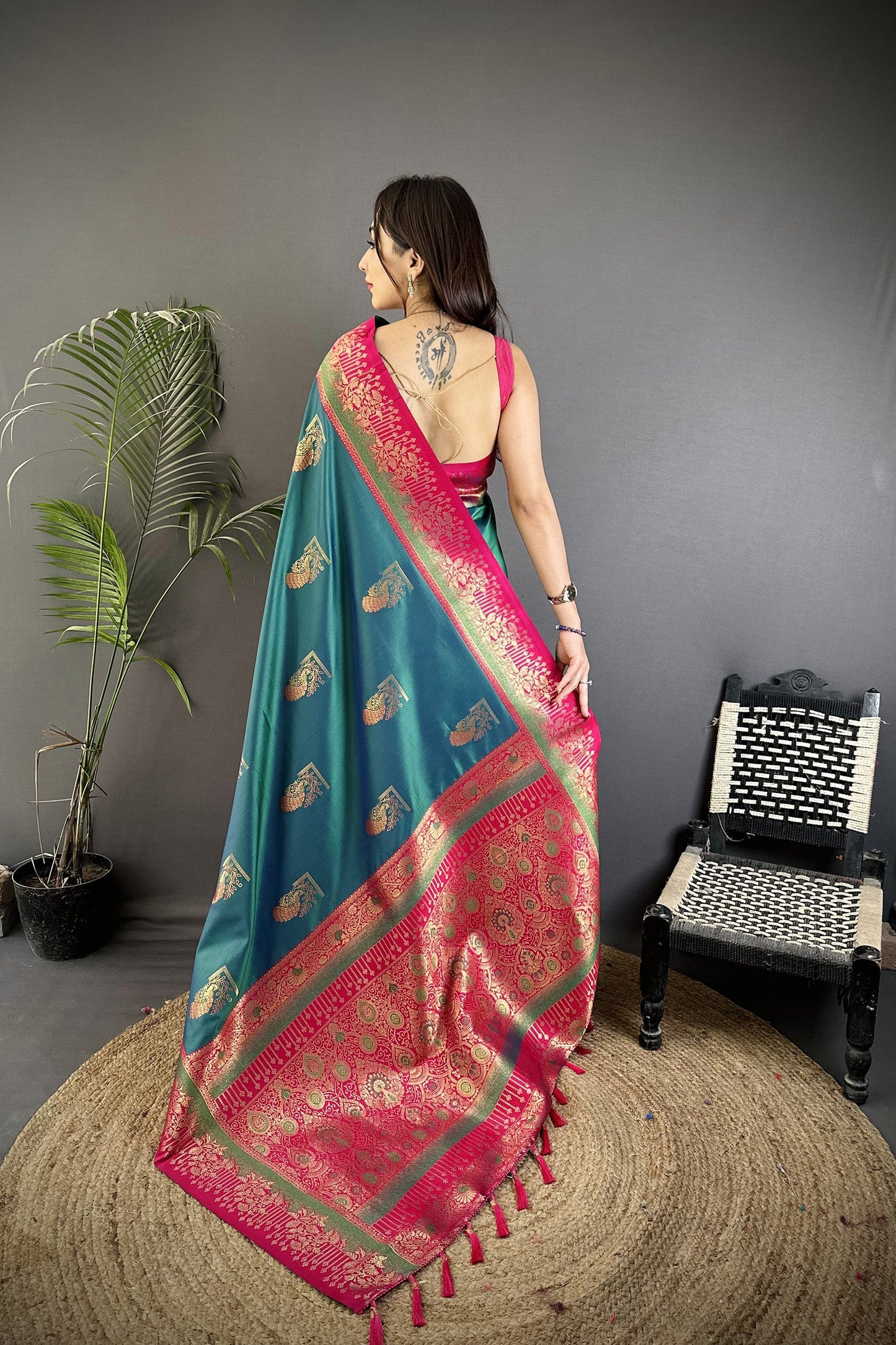 Elora Teal Soft Silk Dual Zari Peacock Butta Worked Banarasi Saree