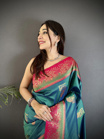 Elora Teal Soft Silk Dual Zari Peacock Butta Worked Banarasi Saree