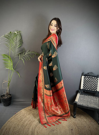 Elora Dark Green Soft Silk Dual Zari Peacock Butta Worked Banarasi Saree