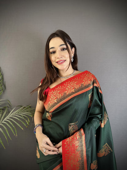 Elora Dark Green Soft Silk Dual Zari Peacock Butta Worked Banarasi Saree