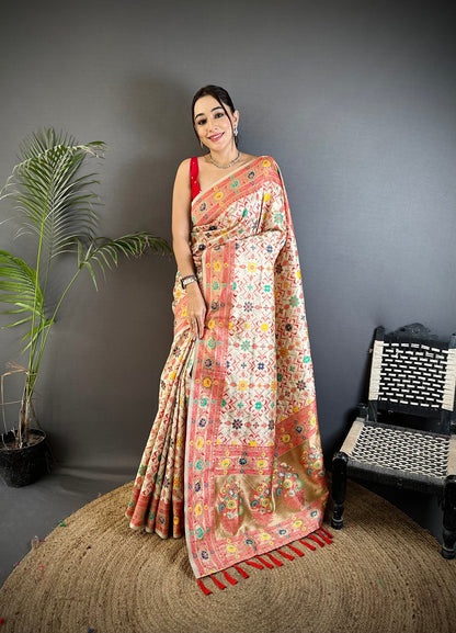 Elora Cream Soft Silk Banarasi Zari Woven Saree