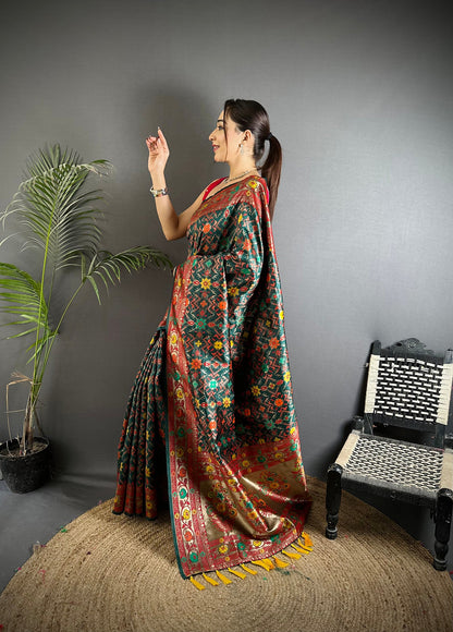 Elora Dark Green Soft Silk Banarasi Zari Woven Saree