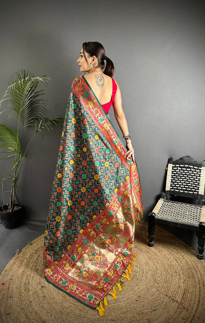 Elora Dark Green Soft Silk Banarasi Zari Woven Saree