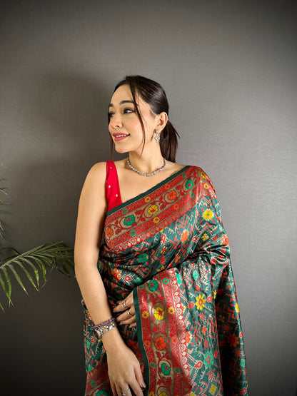 Elora Dark Green Soft Silk Banarasi Zari Woven Saree