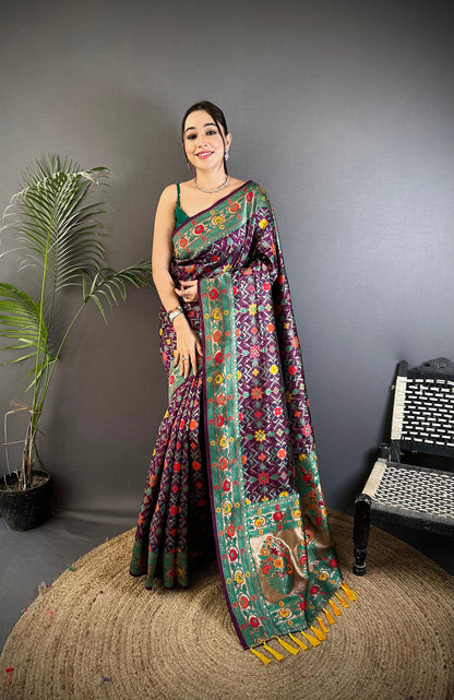 Elora Wine Soft Silk Banarasi Zari Woven Saree