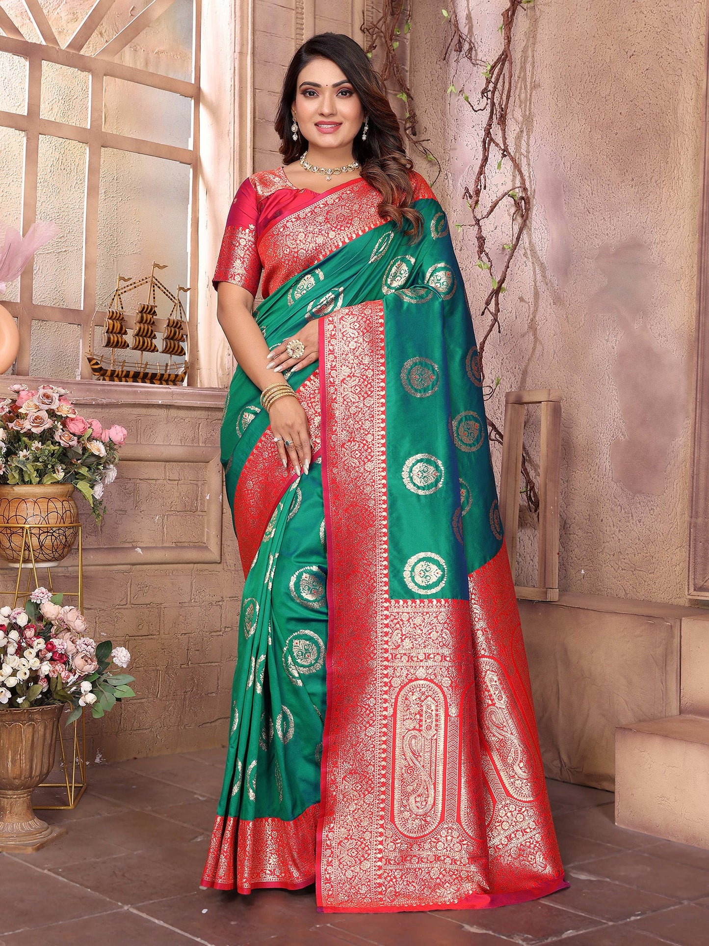 Elora Green Soft Silk Banarasi Zari Woven Saree