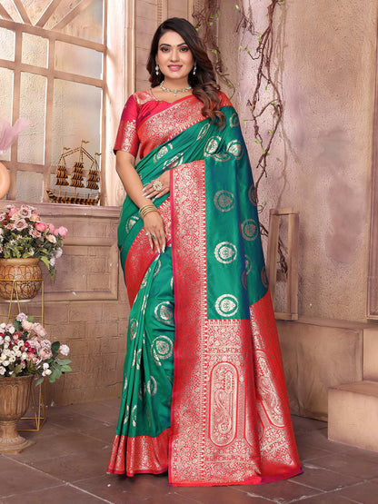 Elora Green Soft Silk Banarasi Zari Woven Saree