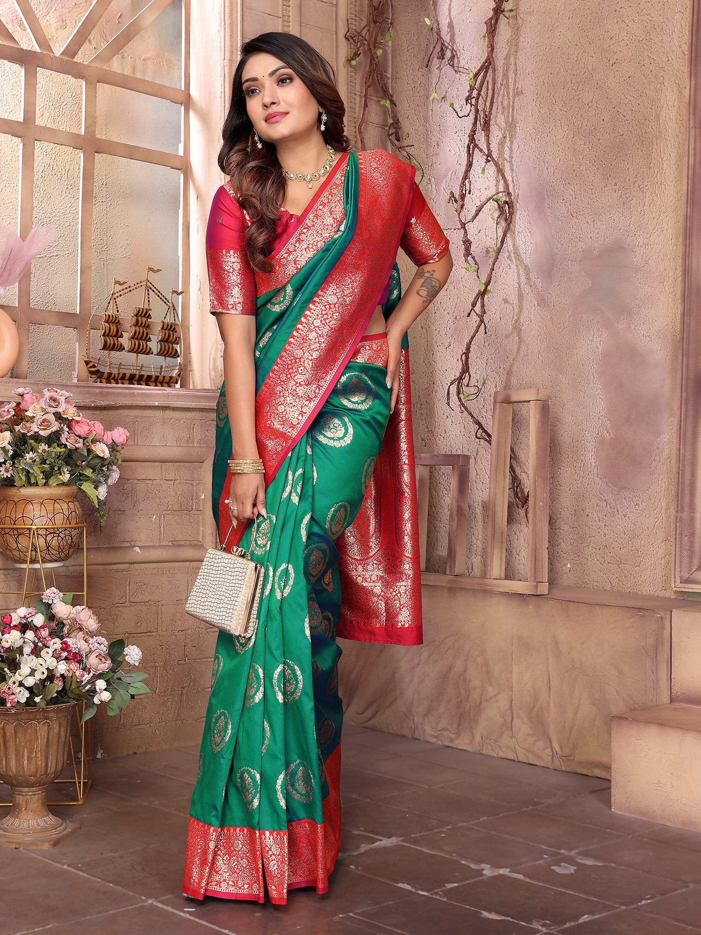 Elora Green Soft Silk Banarasi Zari Woven Saree