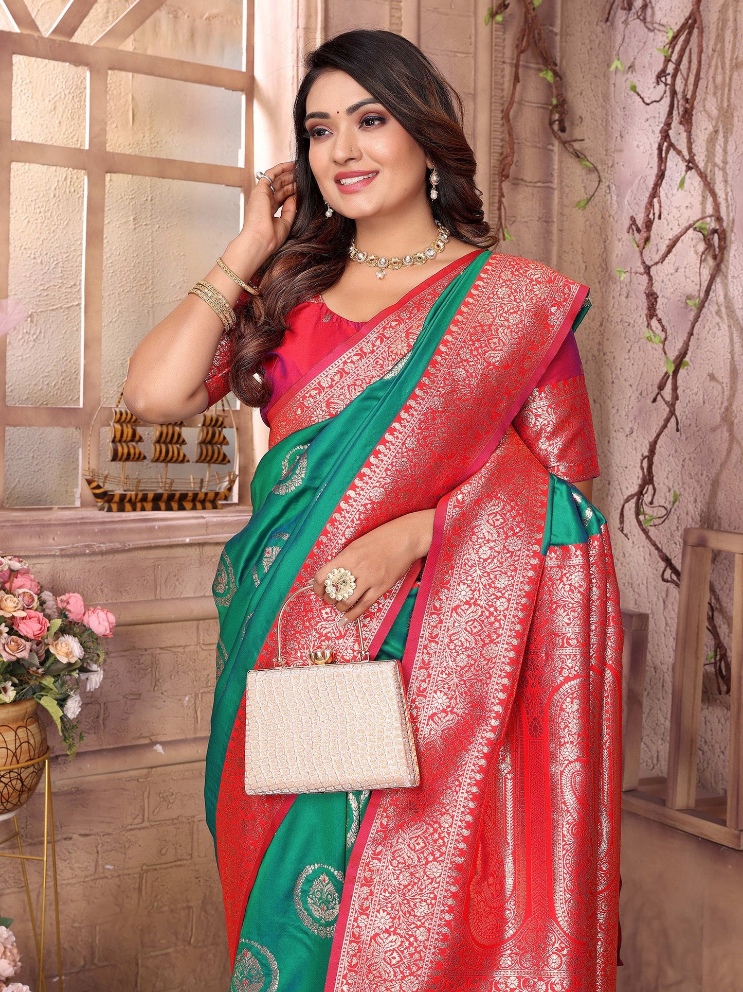 Elora Green Soft Silk Banarasi Zari Woven Saree