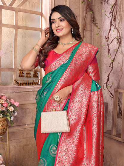 Elora Green Soft Silk Banarasi Zari Woven Saree
