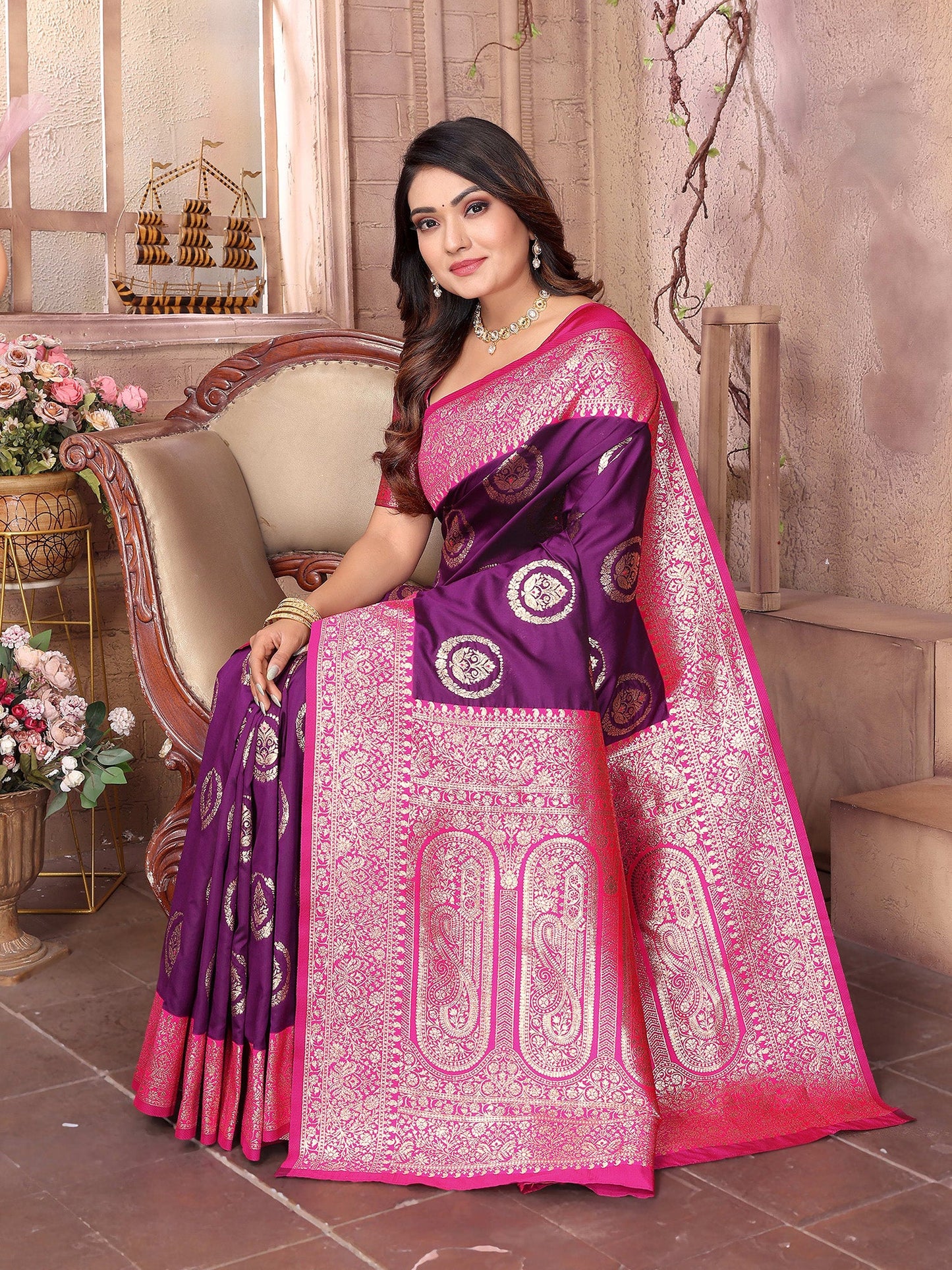 Elora Purple Soft Silk Banarasi Zari Woven Saree