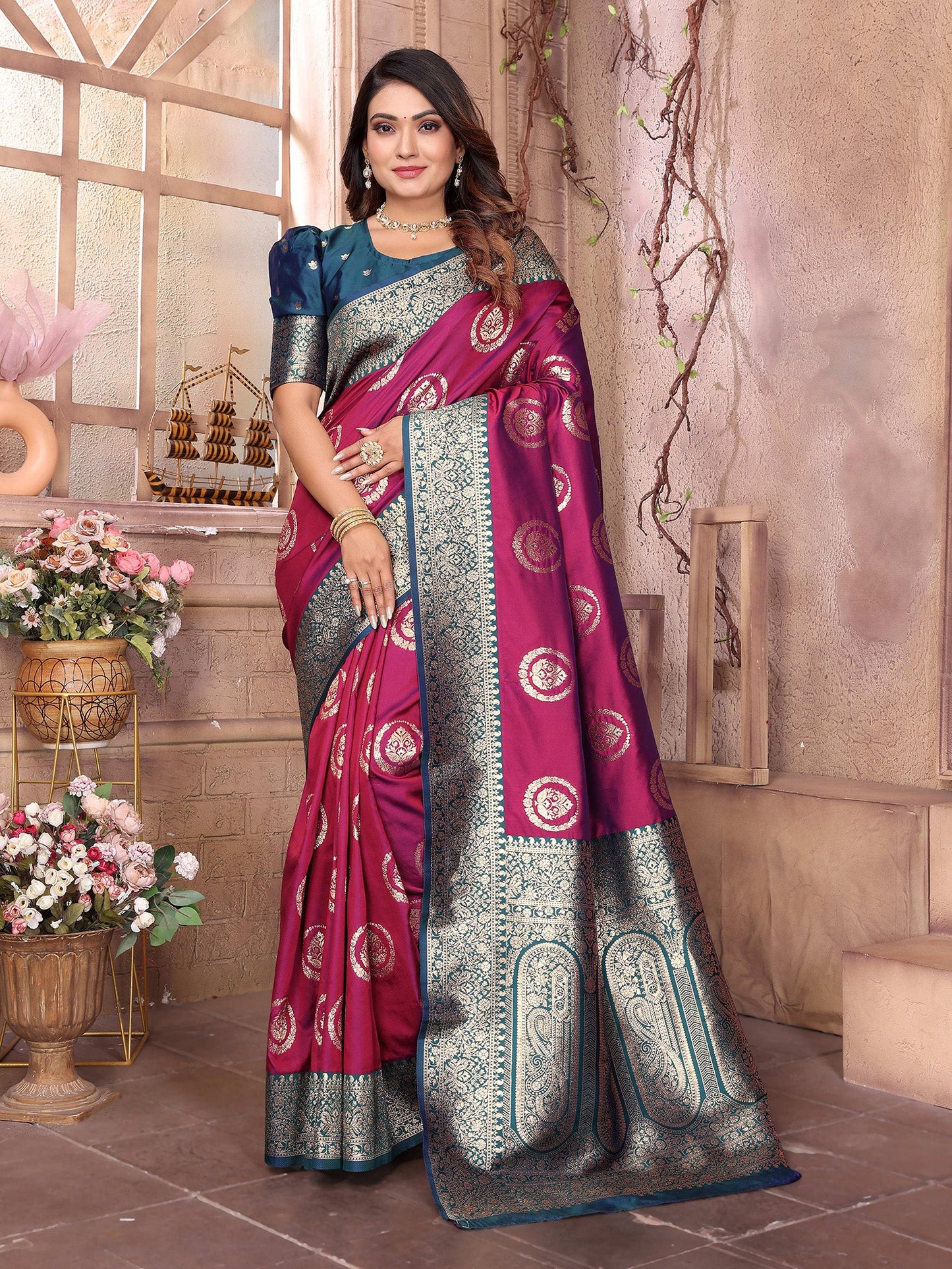 Elora Magenta Soft Silk Banarasi Zari Woven Saree
