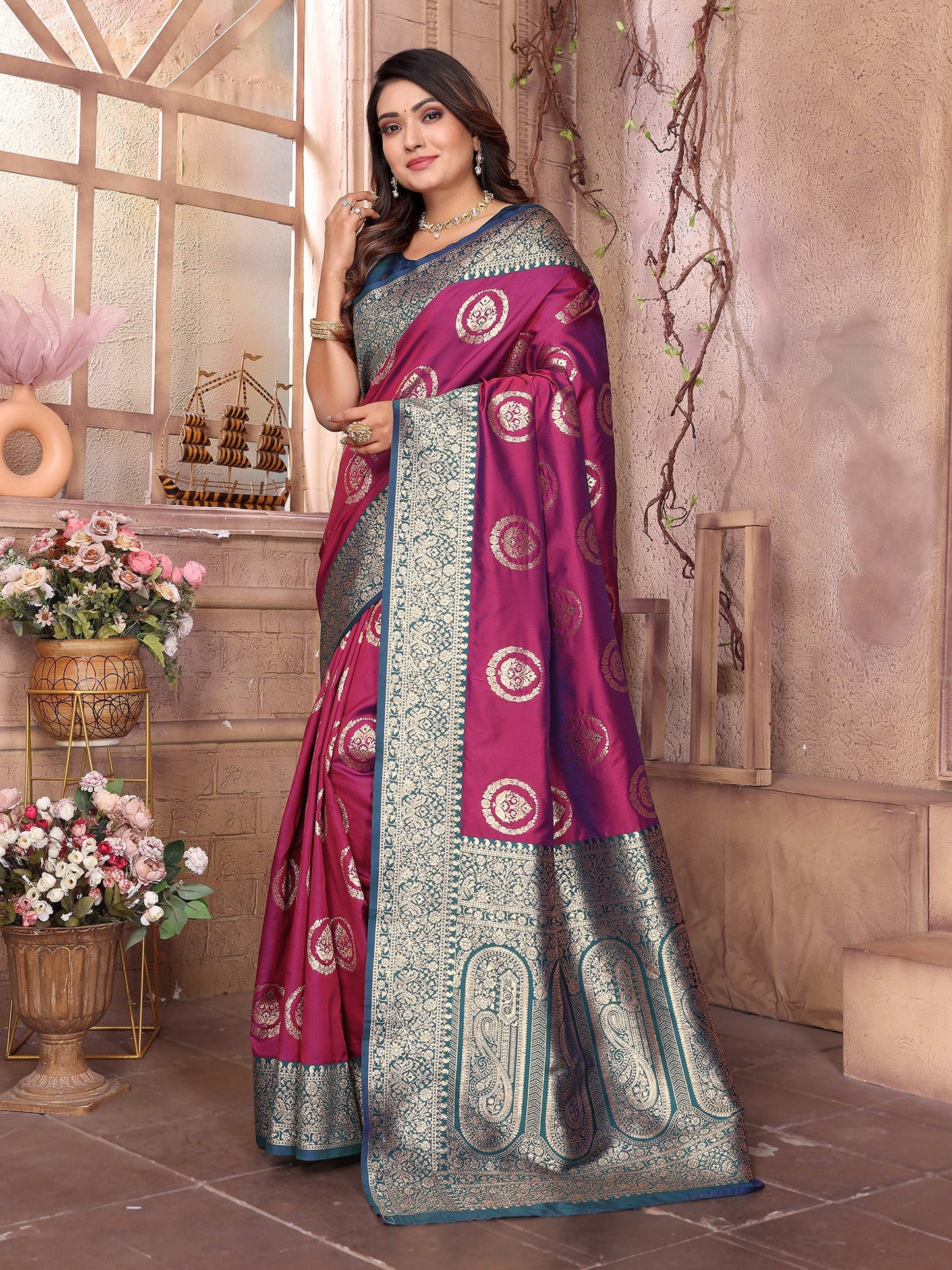 Elora Magenta Soft Silk Banarasi Zari Woven Saree
