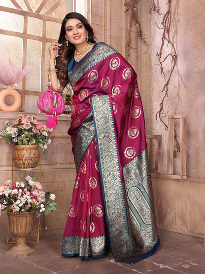 Elora Magenta Soft Silk Banarasi Zari Woven Saree
