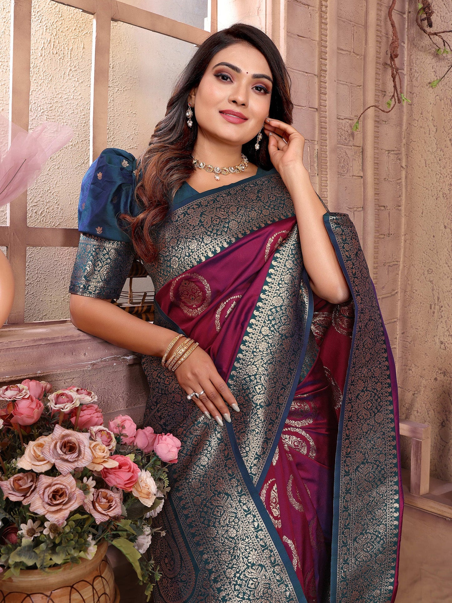 Elora Magenta Soft Silk Banarasi Zari Woven Saree