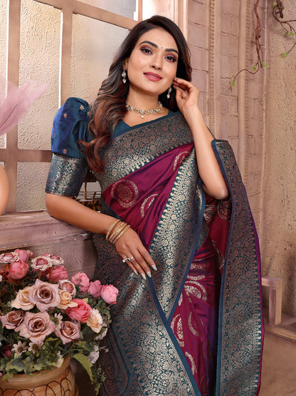 Elora Magenta Soft Silk Banarasi Zari Woven Saree