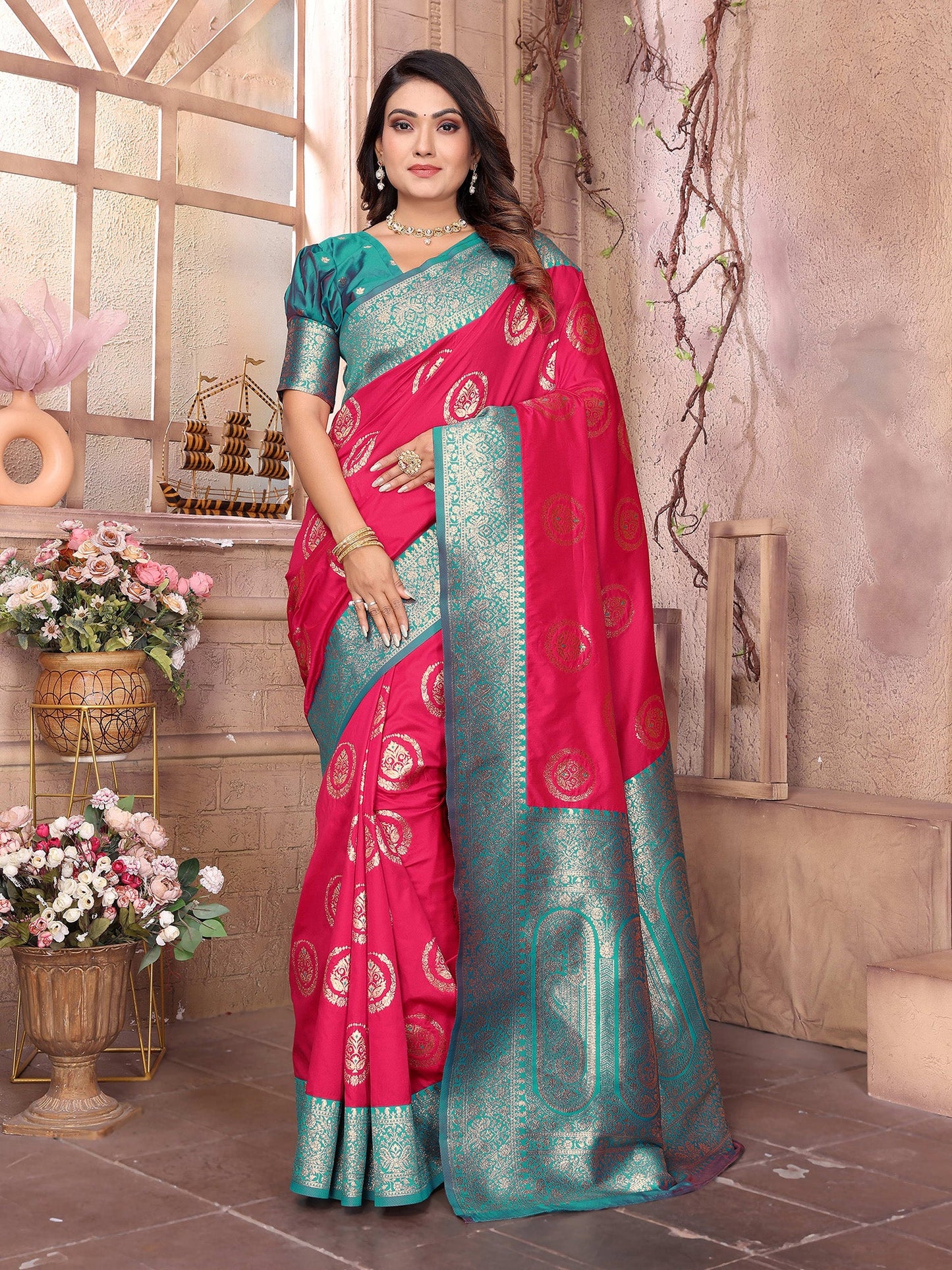 Elora Hot Pink Soft Silk Banarasi Zari Woven Saree