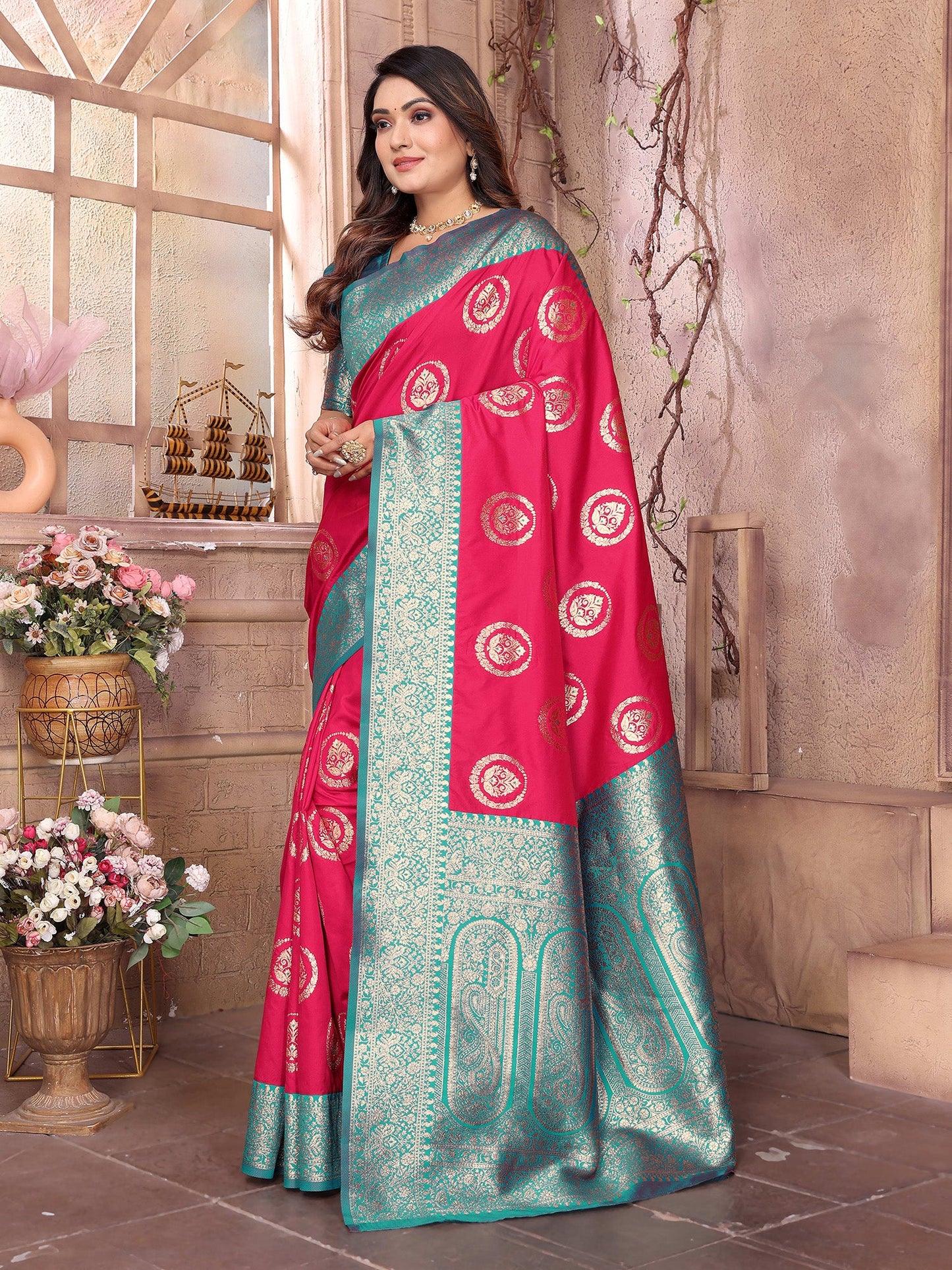 Elora Hot Pink Soft Silk Banarasi Zari Woven Saree