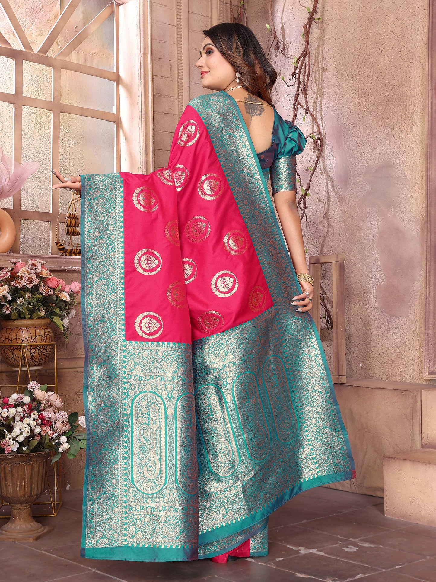 Elora Hot Pink Soft Silk Banarasi Zari Woven Saree