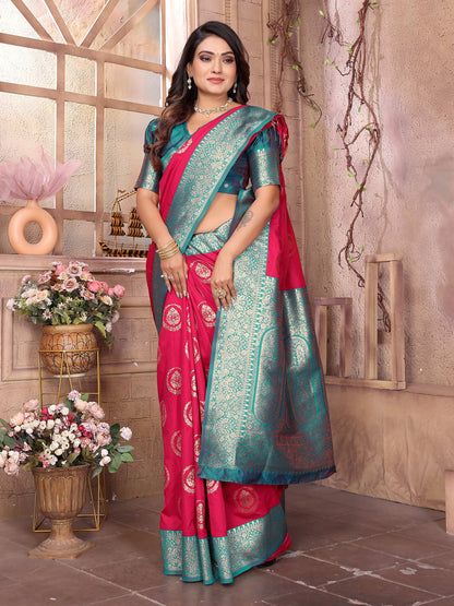 Elora Hot Pink Soft Silk Banarasi Zari Woven Saree