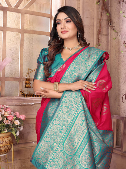Elora Hot Pink Soft Silk Banarasi Zari Woven Saree