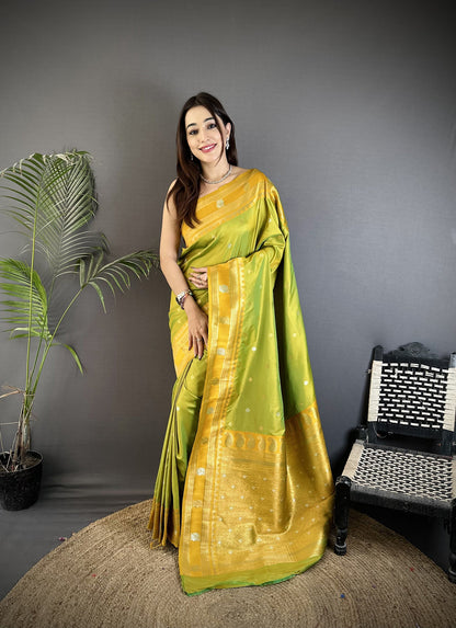 Elora Light Green Soft Silk Banarasi Zari Woven Weaving Saree