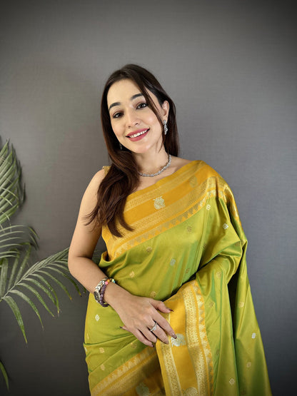 Elora Light Green Soft Silk Banarasi Zari Woven Weaving Saree