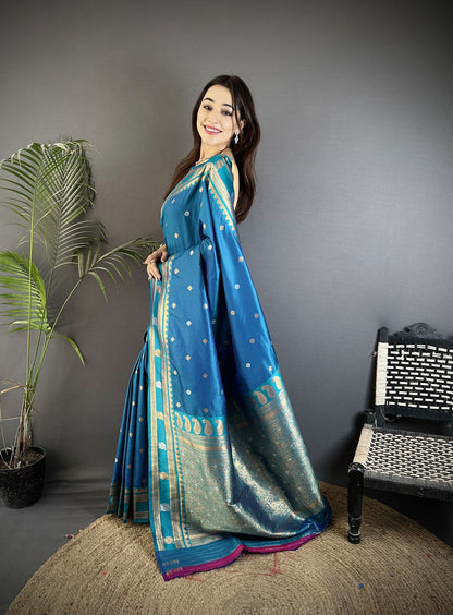 Elora Sky Blue Soft Silk Banarasi Zari Woven Weaving Saree