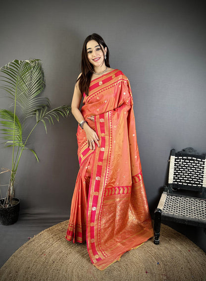 Elora Peach Soft Silk Banarasi Zari Woven Weaving Saree