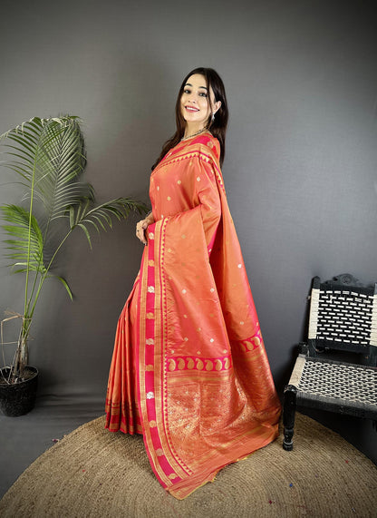 Elora Peach Soft Silk Banarasi Zari Woven Weaving Saree