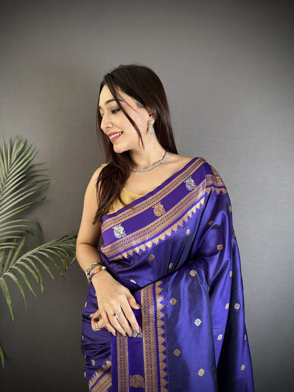 Elora Navy Blue Soft Silk Banarasi Zari Woven Weaving Saree