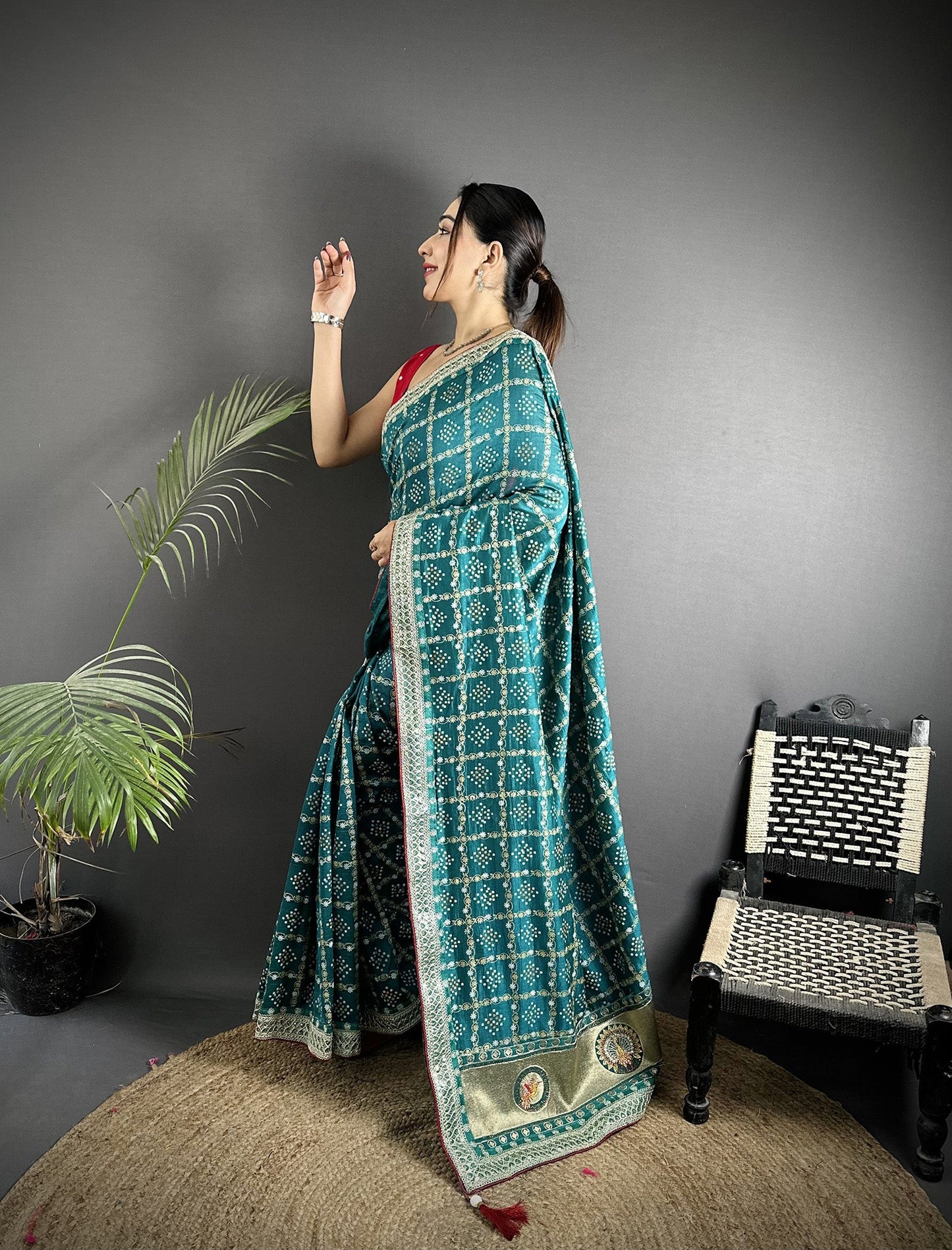Elora Emerald Blue Vichitra Silk Bandhej Bandhani With Stone & Sequence Work Saree