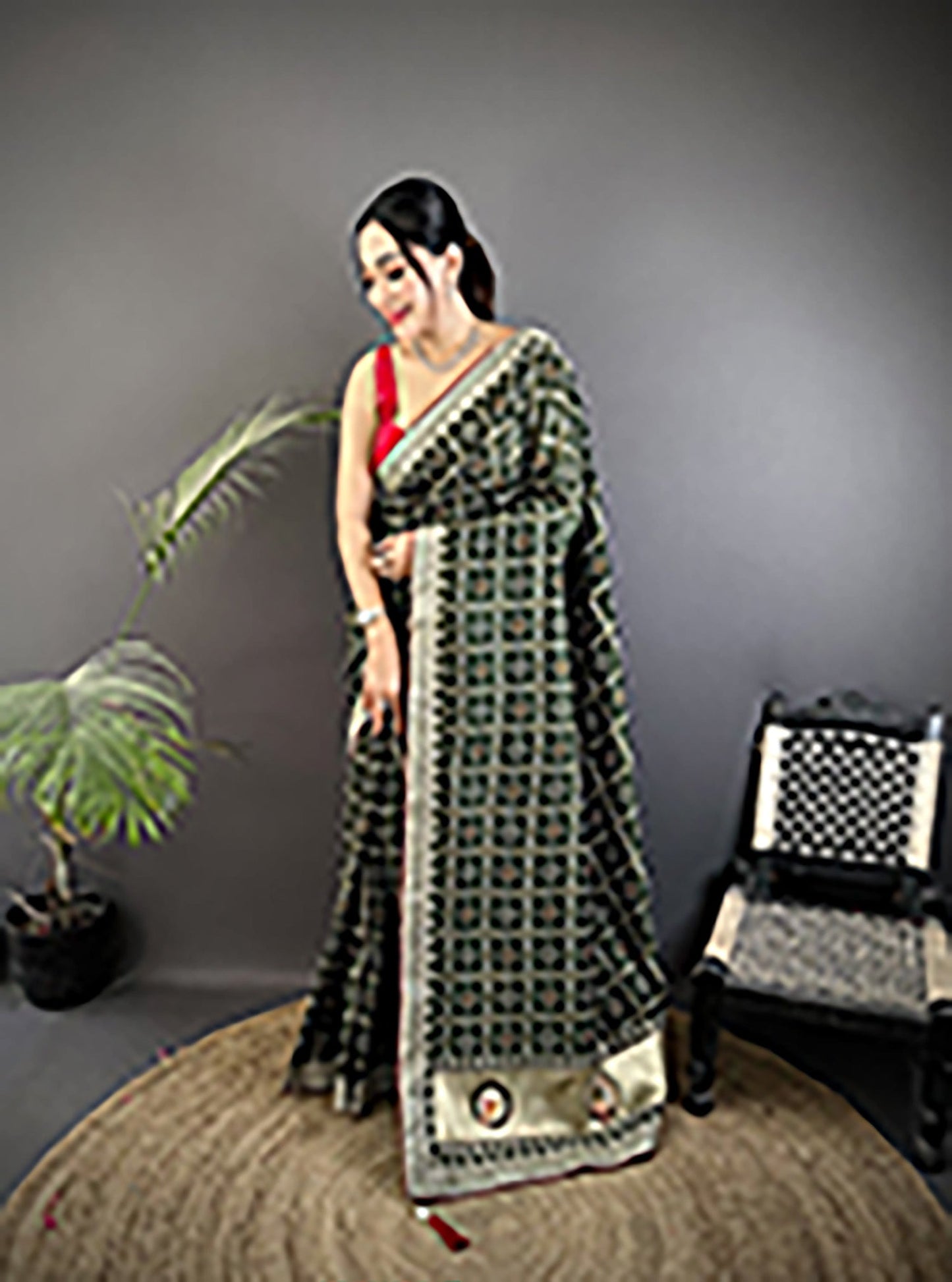 Elora Dark Green Vichitra Silk Bandhej Bandhani With Stone & Sequence Work Saree