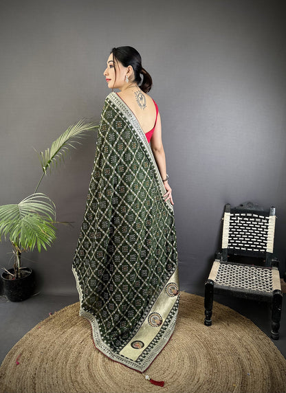 Elora Dark Green Vichitra Silk Bandhej Bandhani With Stone & Sequence Work Saree